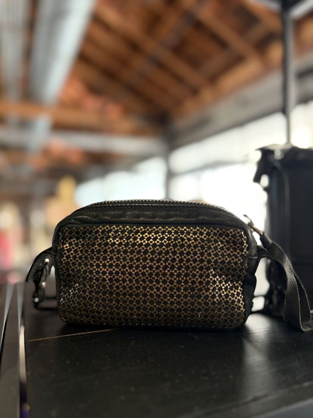 Black Gold Metallic Woven Camera Crossbody Bag